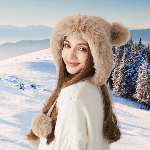 Women Khaki 2Winter Sherpa Beanie Hats Knit Ear Flaps Peruvian Cover Ears - Picture 6 of 9